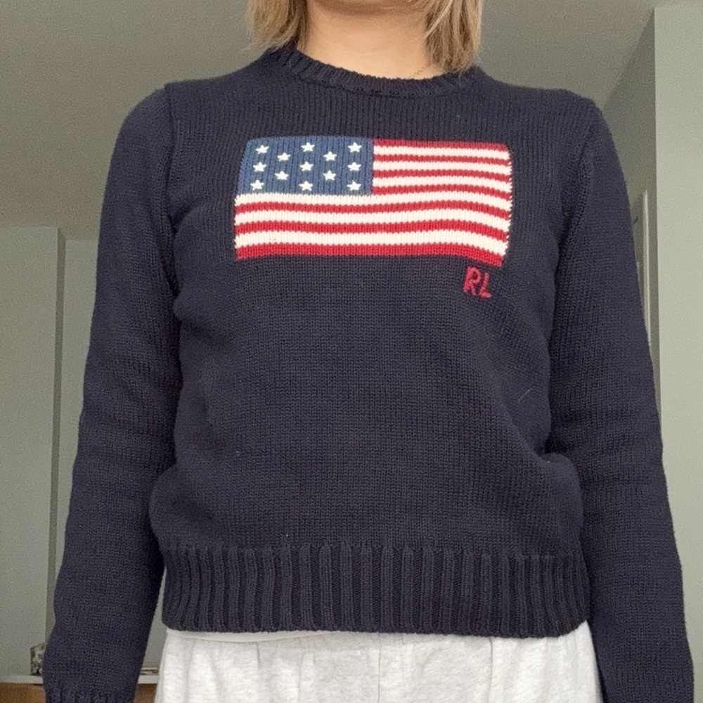 VINTAGE POLO RALPH LAUREN AMERICAN FLAG SWEATER NAVY women Small Made In USA